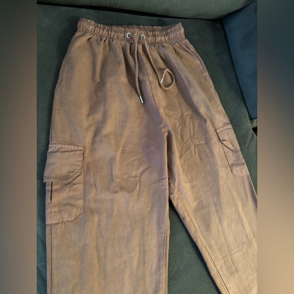 Prettylittlething Chocolate Brown Cargo Jogger Pants Size M High Waisted View 2